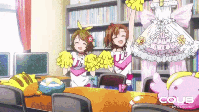 two cheerleaders are standing in front of a bookshelf and the word coub is on the bottom