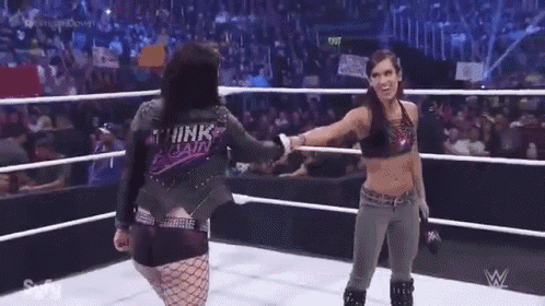 two women are hugging in a wrestling ring with the letters w on the ring post
