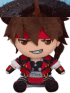 a stuffed toy of a boy with brown hair and a red scarf on his head