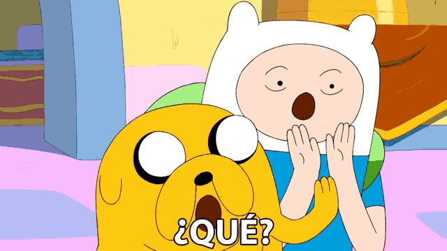 a cartoon character with a surprised look on his face is next to a dog that says ¿ que ?