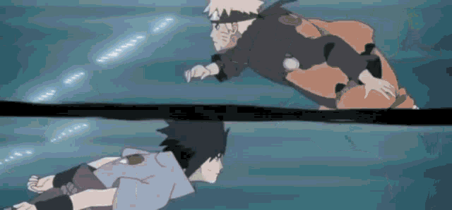 naruto and sasuke are swimming in the water and fighting each other .