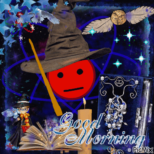 a picture of a wizard hat with a red face and the words good morning picmix
