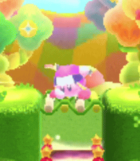 a pink and white cartoon character is sitting on a green fence surrounded by flowers