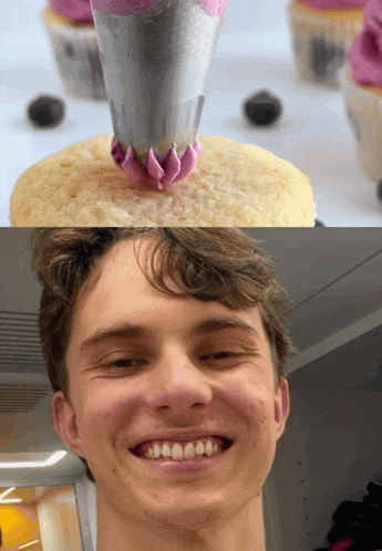 a close up of a cupcake with purple frosting next to a man 's face