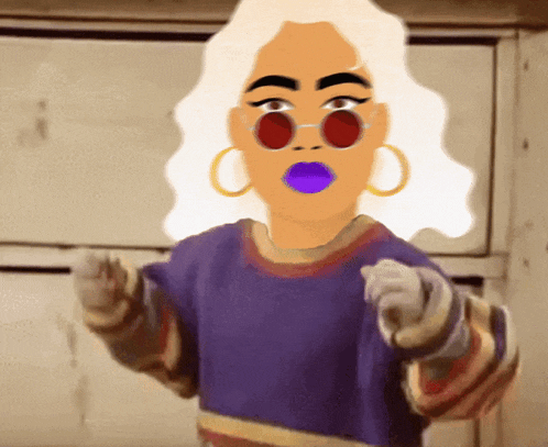 a cartoon drawing of a woman wearing sunglasses and purple lipstick