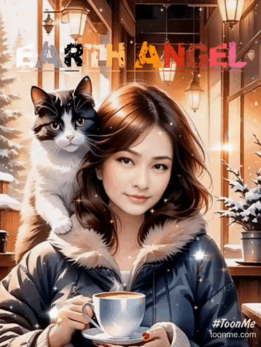 a painting of a woman holding a cup of coffee and a cat on her lap