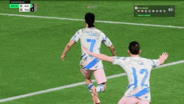 two soccer players on a field one with the number 12 on his back