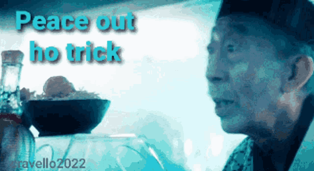 a man with a bowl of food in front of a sign that says " peace out ho trick "