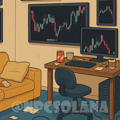a cartoon drawing of a living room with a couch and a desk with a computer on it