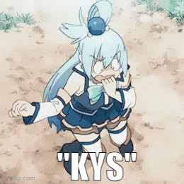 a cartoon of a girl with long blue hair and the words " kys "