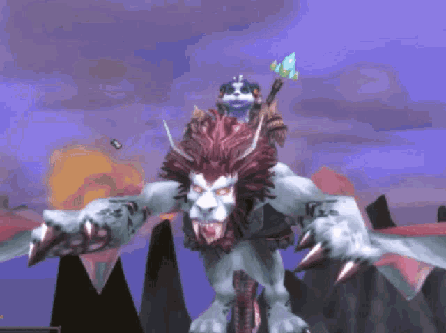 a video game character is riding a lion with a purple sky in the background