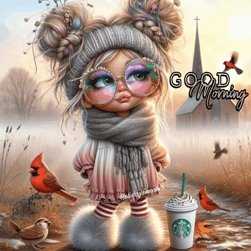 a girl wearing glasses and a scarf is surrounded by birds and a cup of starbucks