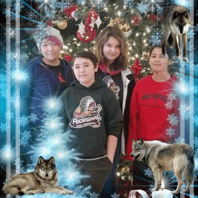 a group of people standing in front of a christmas tree with a wolf in the background