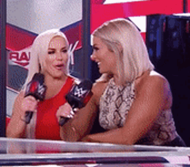 two women are talking into microphones while sitting next to each other on a stage .