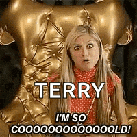a woman is sitting in a gold chair with the words `` terry i 'm so cooo ! ''
