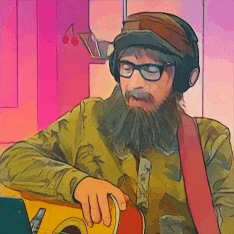 a man with a beard and glasses is playing an acoustic guitar