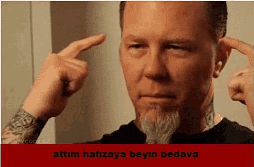 a man with a beard is pointing at his ear with a caption that says attim haftaya beyin bedava