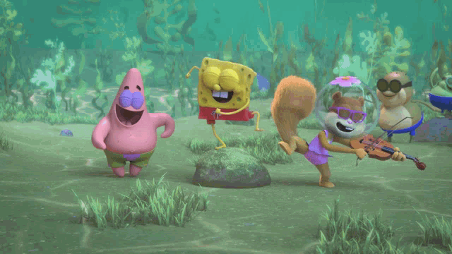 a group of cartoon characters including spongebob patrick and spongebob squarepants
