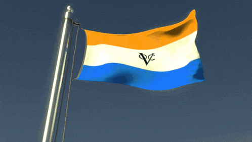 a blue white and orange flag with a black letter v on it