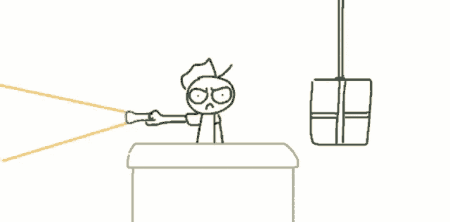 a cartoon drawing of a man holding a rubber band in front of a gift box