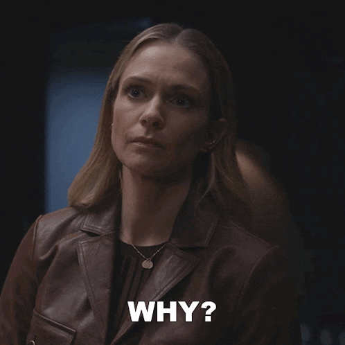 a woman in a brown leather jacket is asking the question " why "