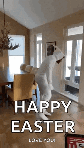 a person in a bunny costume is jumping in a living room .