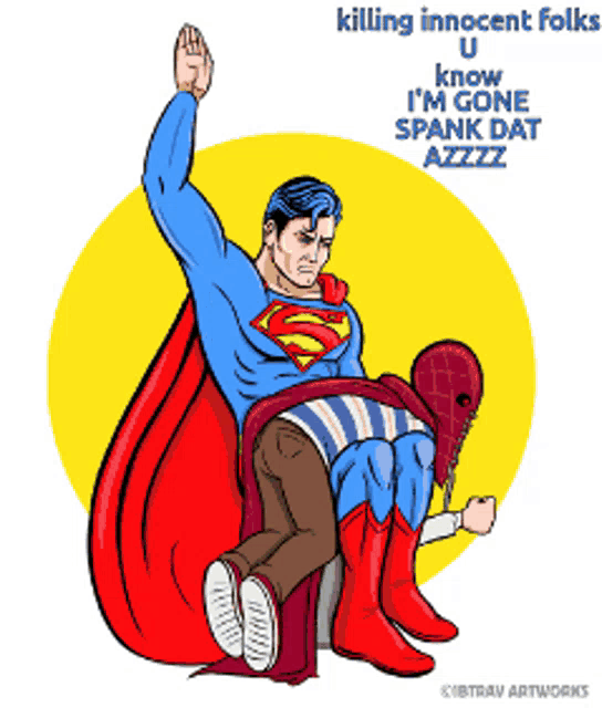 a cartoon of superman being spanked by a spider-man