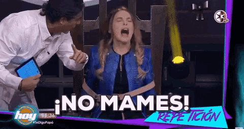 a woman is tied up in a chair with the words no mames written on the bottom