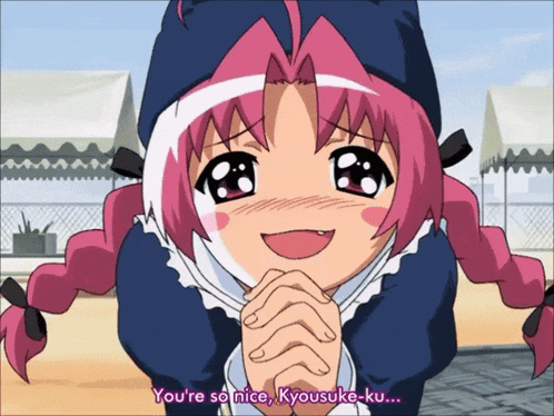 a girl with pink hair is smiling and says " you 're so nice kyousuke-ku "