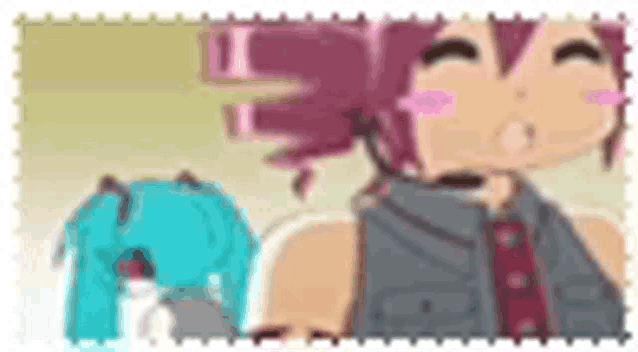 a close up of a cartoon character with pink hair and a cat behind her .