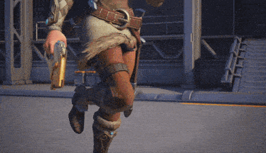 a person in a video game is holding a gun and wearing a belt