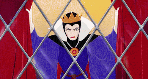 a cartoon of the evil queen from snow white and the seven dwarfs behind a stained glass window .