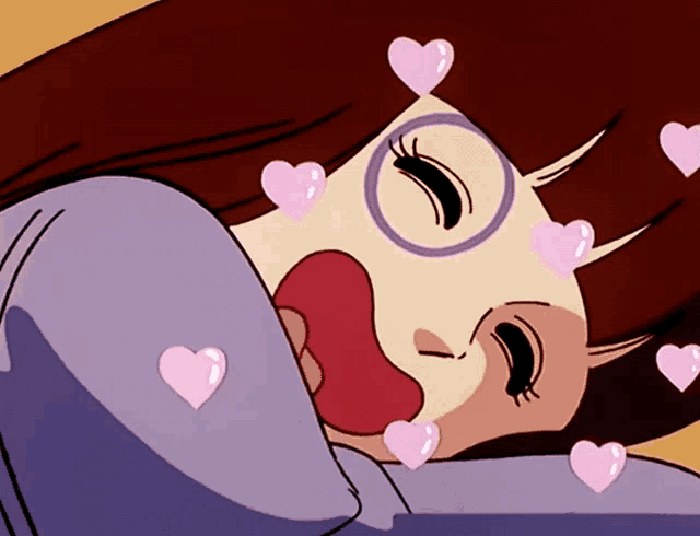 a cartoon of a girl with pink hearts around her