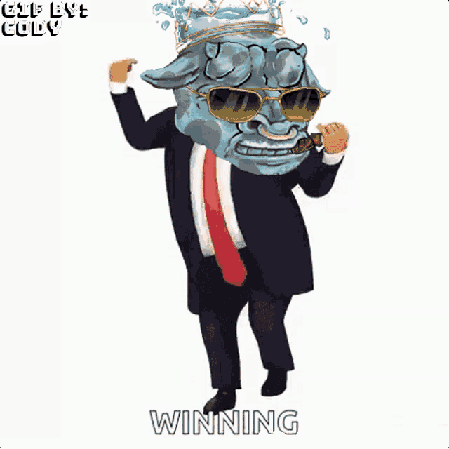 a cartoon of a man in a suit and tie with a crown on his head says winning