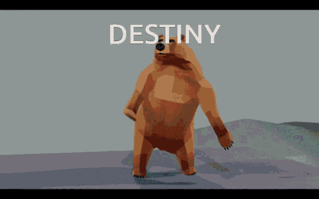 a cartoon bear says destiny yeah on the screen
