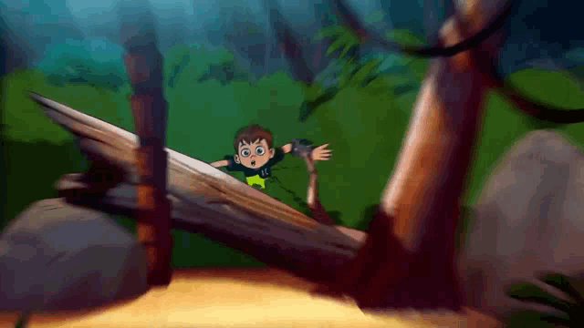 a cartoon of a boy holding a hammer in the woods