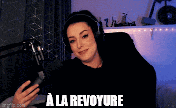 a woman wearing headphones and holding a cell phone with the words " a la revoyure " written on the bottom