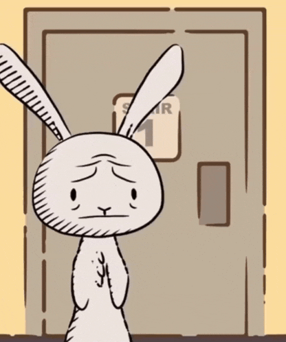 a cartoon rabbit is standing in front of a door that says stair 1 on it