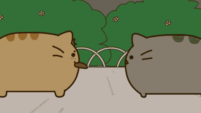 two cartoon cats are standing next to each other and one is licking the other 's nose
