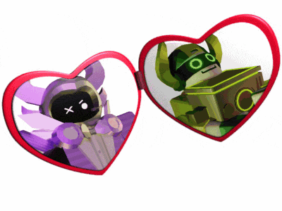 two hearts with cartoon characters inside of them one of which has an x on its face