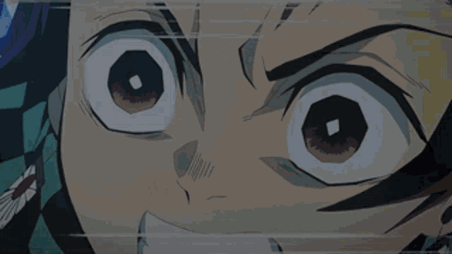 a close up of a person 's face with a sword in the background