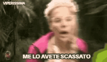 a woman in a pink jacket is making a funny face and says `` me lo avete scassato '' .