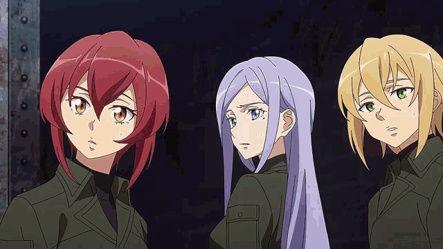 three anime characters are standing next to each other and looking at something