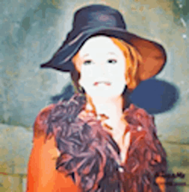 a painting of a woman wearing a black hat