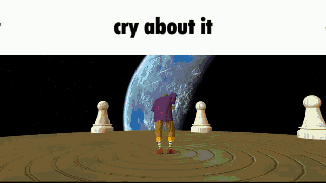 a man in a purple shirt is standing in front of a planet with the words cry about it below him