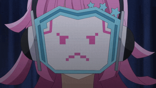 a girl with pink hair is wearing headphones and a mask that looks like a robot face