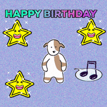 a happy birthday greeting card with a brown and white dog