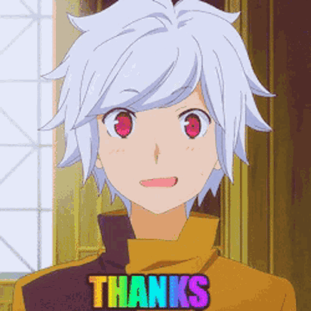 a white haired anime character with red eyes and the words thanks