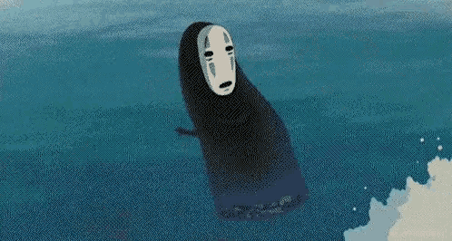 a cartoon character without a face is floating in the water .