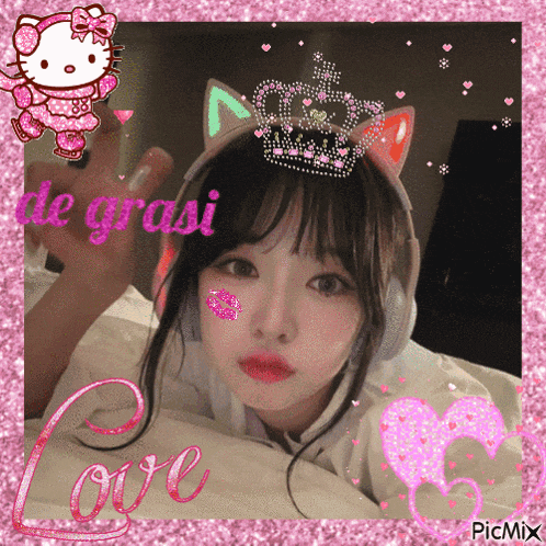 a picture of a girl with headphones and a cat ear headband with the words love written on it